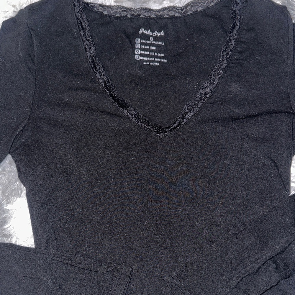 Black Long Sleeve Top with Lace Detail Around Neck - Small